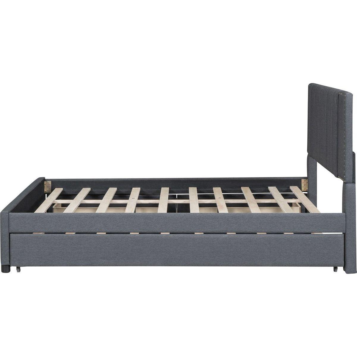 Queen Size Upholstered Platform Bed with 2 Drawers and 1 Twin XL Trundle, Classic Headboard Design, Gray