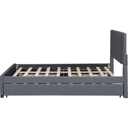 Queen Size Upholstered Platform Bed with 2 Drawers and 1 Twin XL Trundle, Classic Headboard Design, Gray