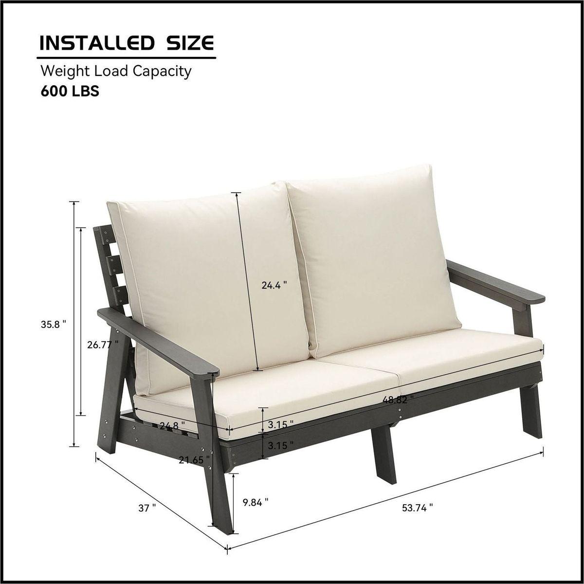 HIPS Loveseat with Cushion, Wood Grain Outdoor Garden Sofa, Sofa Set for Porch, Poolside, Terrace, and Yard Grey/Beige