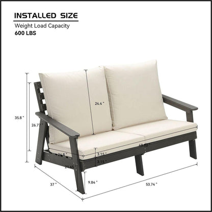 HIPS Loveseat with Cushion, Wood Grain Outdoor Garden Sofa, Sofa Set for Porch, Poolside, Terrace, and Yard Grey/Beige