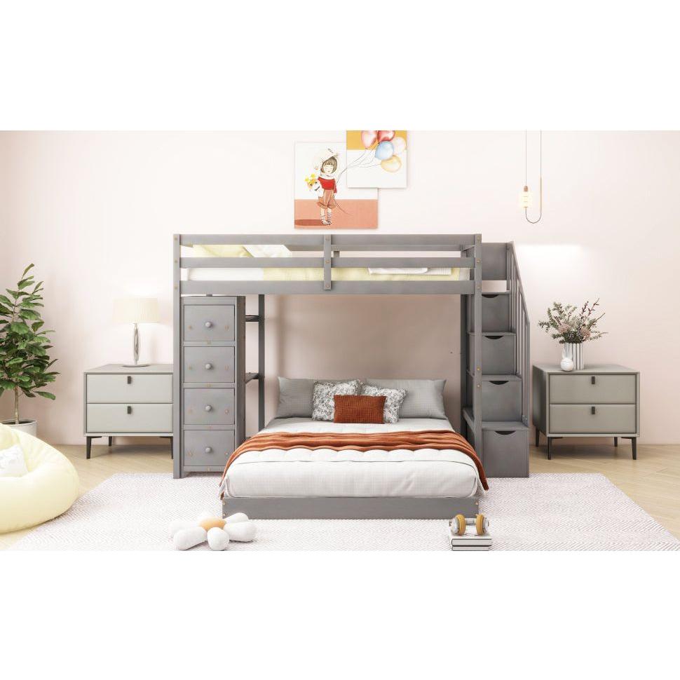 Twin Over Full Bunk Bed with 3-layer Shelves, Drawers and Storage Stairs, Gray