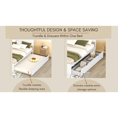 Modern Full Bed Frame With Twin Size Trundle And 2 Drawers For White High Gloss and Washed White Color