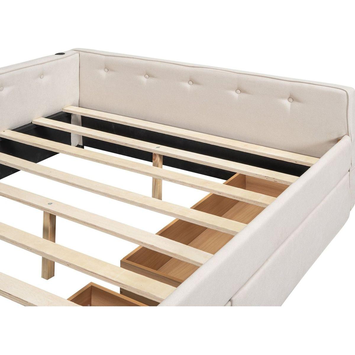 Full Size Upholstered Platform Bed with USB and 2 Drawers, Beige