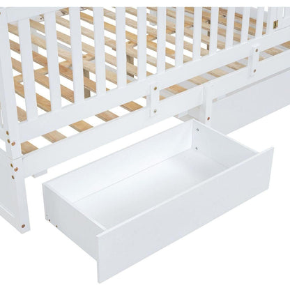 Full Size Wood Daybed with Fence Guardrails and 2 Drawers, Split into Independent Floor Bed & Daybed, White