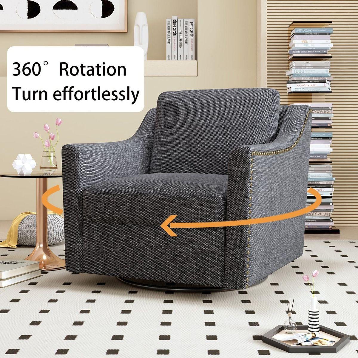360 Degree Swivel Armchair Cotton linen skin-friendly fabric Ergonomic design Brass nail decorative armchair Living room chairs Bedroom chairs Living room chairs Black legs Suitable for indoor homes - Streamdale Furniture