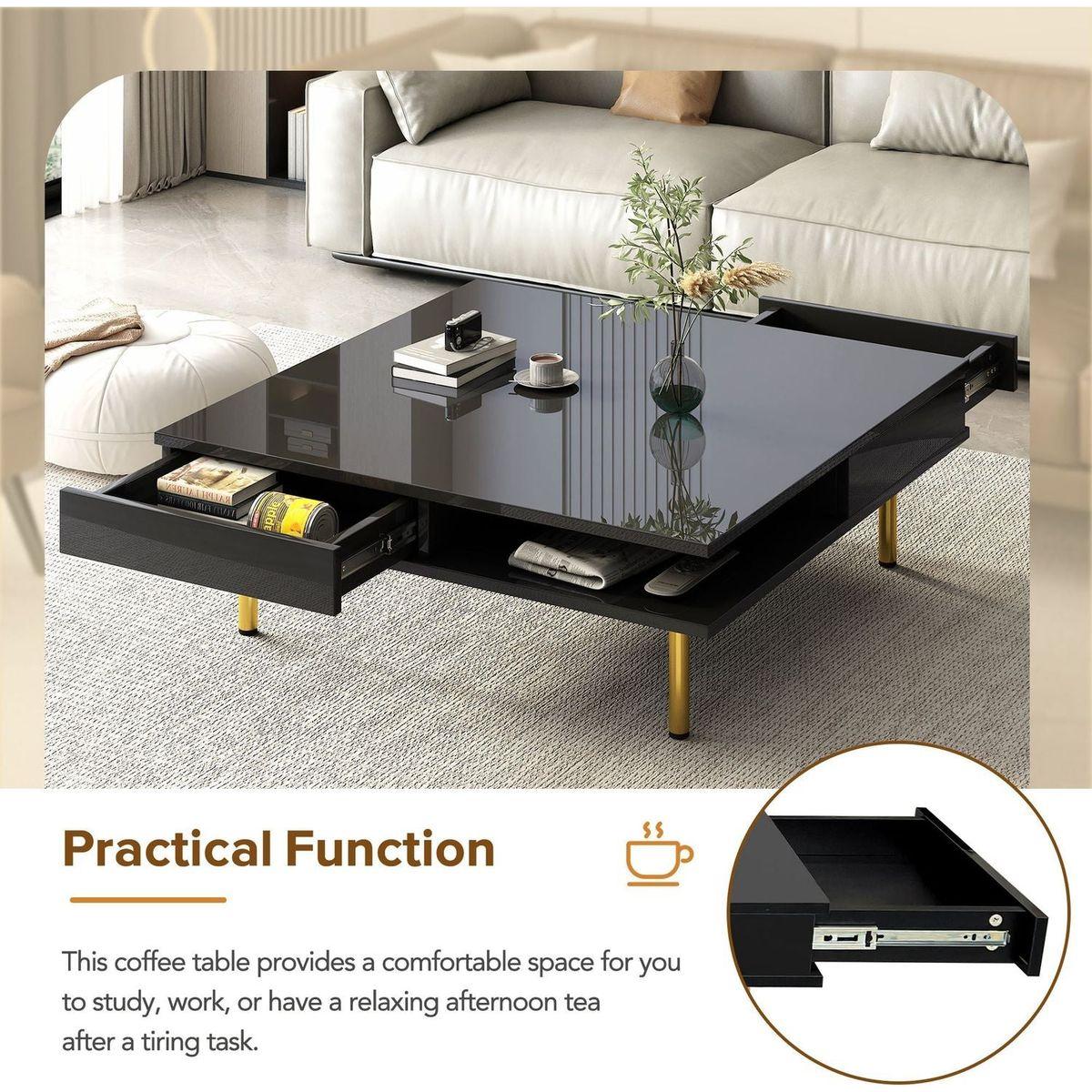Exquisite High Gloss Coffee Table with 4 Golden Legs and 2 Small Drawers, 2-Tier Square Center Table for Living Room, Black