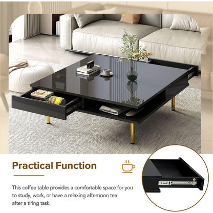 Exquisite High Gloss Coffee Table with 4 Golden Legs and 2 Small Drawers, 2-Tier Square Center Table for Living Room, Black