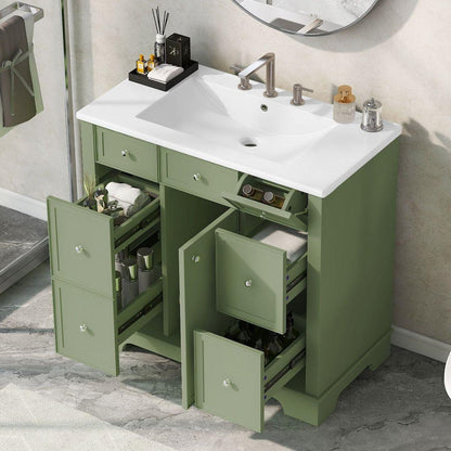 36" Bathroom Vanity with Sink, One Cabinet with Three drawers and One Flip Drawer, Solid Wood and MDF Board, Green