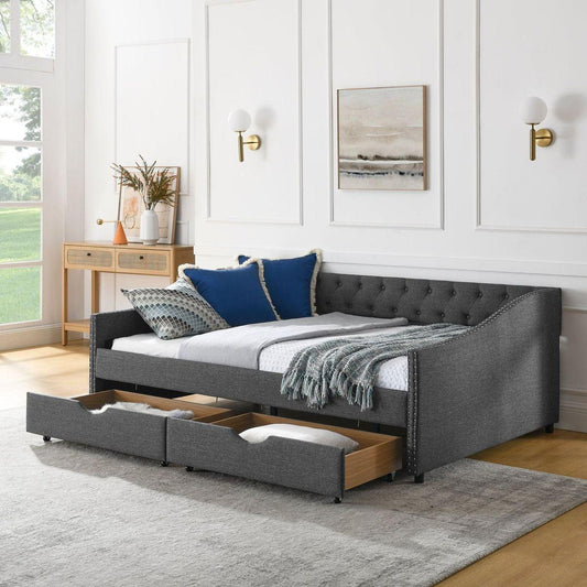Full Size Daybed with Drawers Upholstered Tufted Sofa Bed, with Button on Back and Copper Nail on Waved Shape Arms(80.5"x55.5"x27.5")