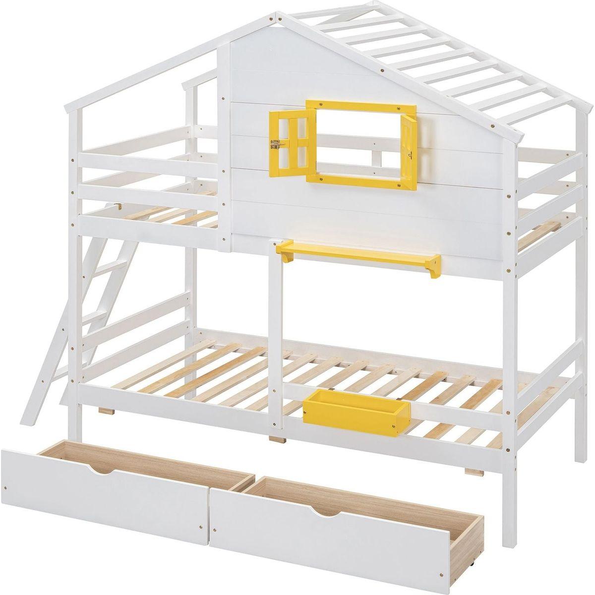 Twin over Twin Bunk Bed with 2 Drawers, 1 Storage Box, 1 Shelf, Window and Roof-White