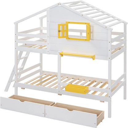 Twin over Twin Bunk Bed with 2 Drawers, 1 Storage Box, 1 Shelf, Window and Roof-White