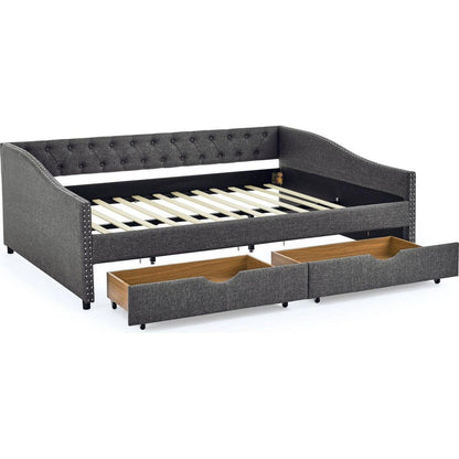 Queen Size Daybed with Drawers Upholstered Tufted Sofa Bed,,with Button on Back and Copper Nail on Waved Shape Arms(84.5"x63.5"x26.5")