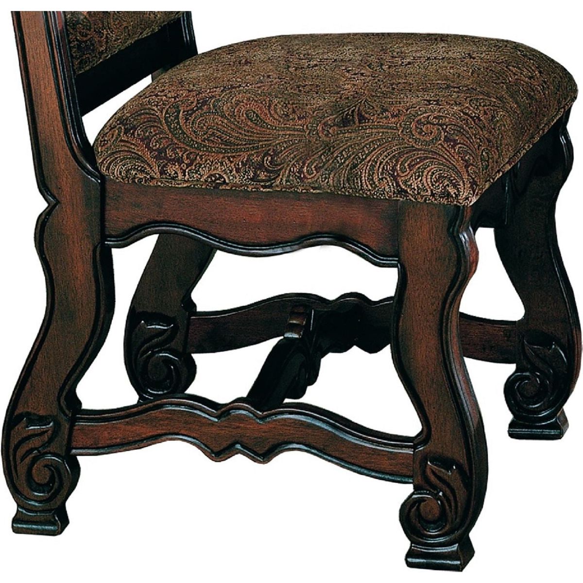 2pc Formal Traditional Dining Side Chair with Upholstered Padded Seat and Back Dining Room Solid Wood Furniture Luscious Brown Finish and Intricate Carved Detail