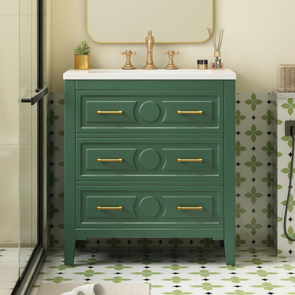 30" Bathroom Vanity with Resin Sink Combo, Free Standing Single Vanity Set with 3 Drawers, Solid Wood Frame Bathroom Storage Cabinet, Green