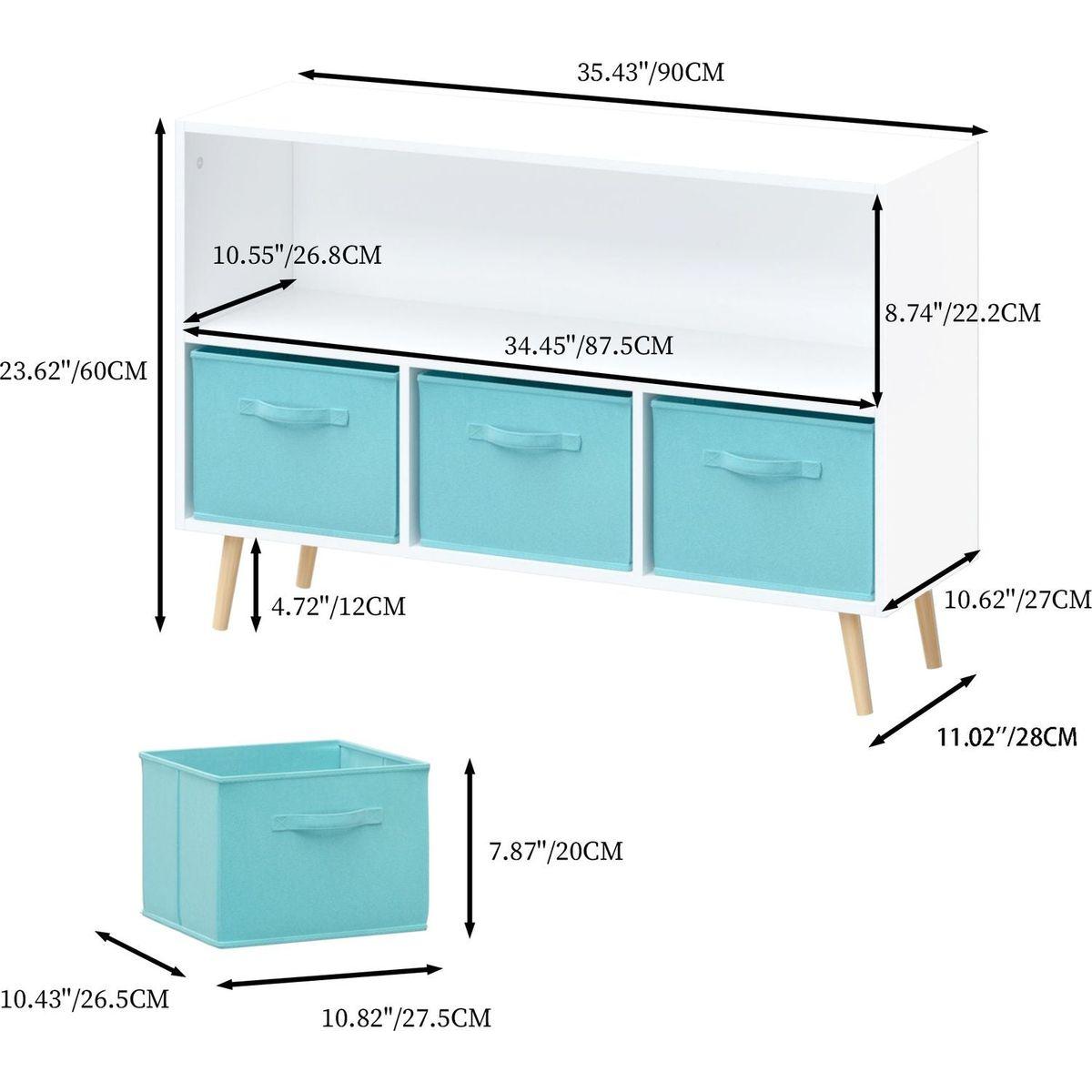Kids bookcase with Collapsible Fabric Drawers, Children's Book Display, Toy Storage Cabinet Organizer, White/Blue