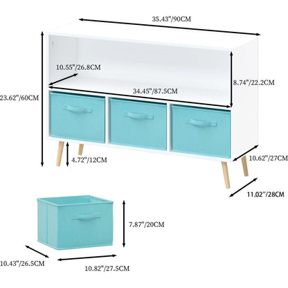Kids bookcase with Collapsible Fabric Drawers, Children's Book Display, Toy Storage Cabinet Organizer, White/Blue