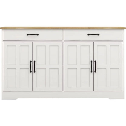 55.91" Large Farmhouse Buffet Cabinet Storage Sideboard with 2 Drawers and 4 Doors for Dining Living Room Kitchen Cupboard-White