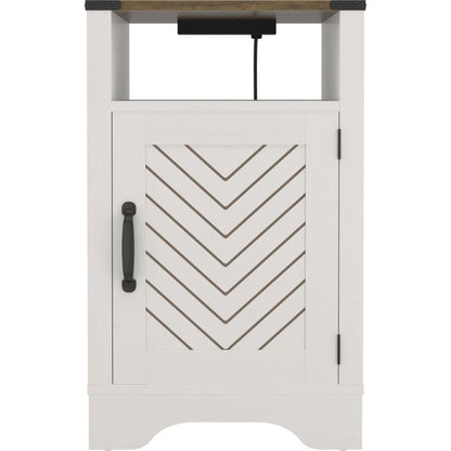 Farmhouse Nightstand Side Table, Wooden Rustic End Table, Tall Bedside Table with Electrical Outlets Charging Station - White & Oak