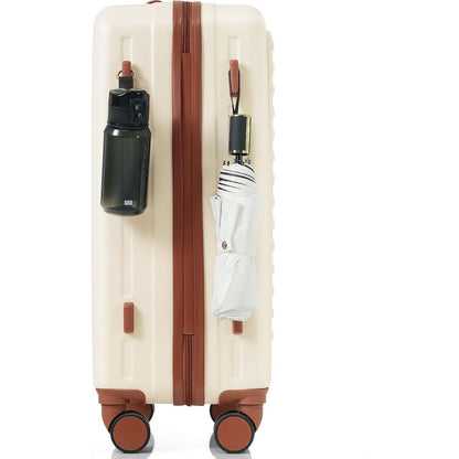 Luggage Set of 3, 20, 24, 28inch with USB Port, 20, 24inch with front opening design Airline Certified Carry on Luggage with Cup Holder, ABS Hard Shell Luggage with Spinner Wheels, ivory and brown