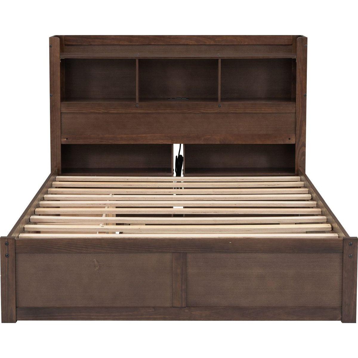 Full Size Storage Platform Bed with Pull Out Shelves, Twin Size Trundle and 2 Drawers, Espresso
