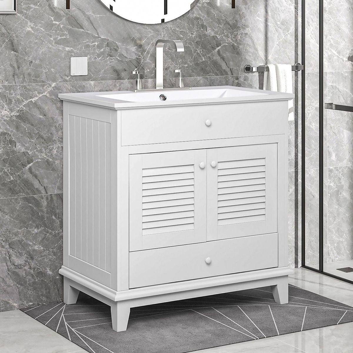 30" Bathroom Vanity with Sink, Bathroom Cabinet with Two Doors and One Drawer, White