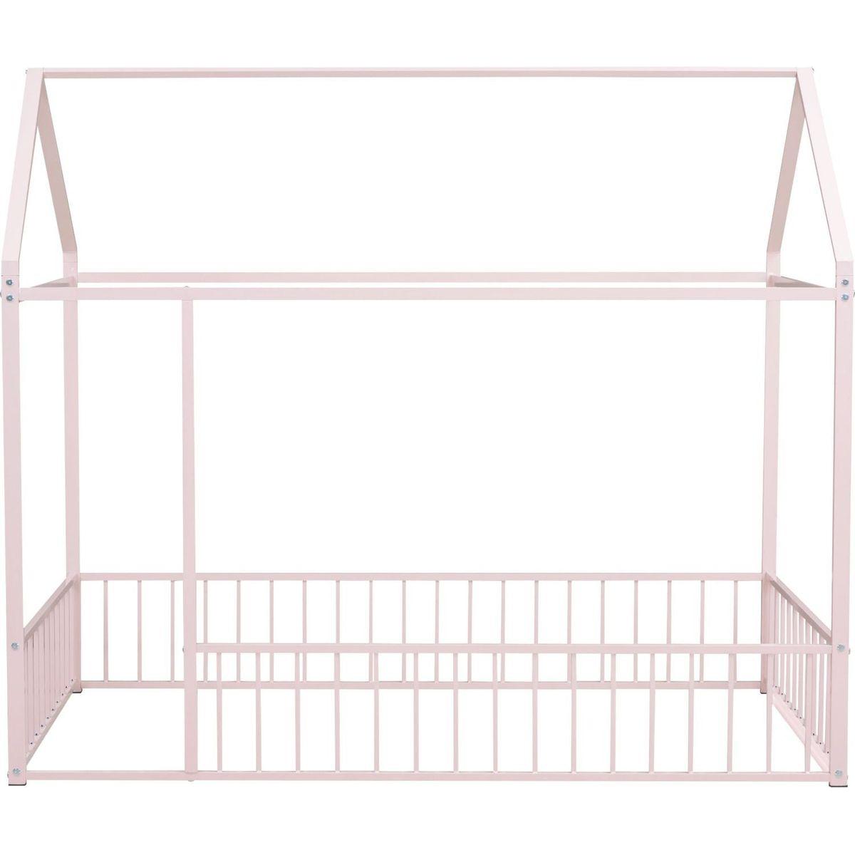 Twin Size Metal Bed House Bed Frame with Fence, for Kids, Teens, Girls, Boys, Pink - Streamdale Furniture