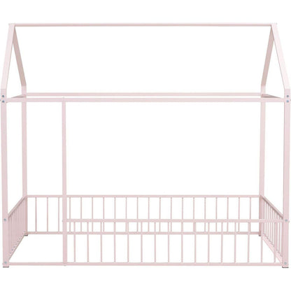 Twin Size Metal Bed House Bed Frame with Fence, for Kids, Teens, Girls, Boys, Pink - Streamdale Furniture
