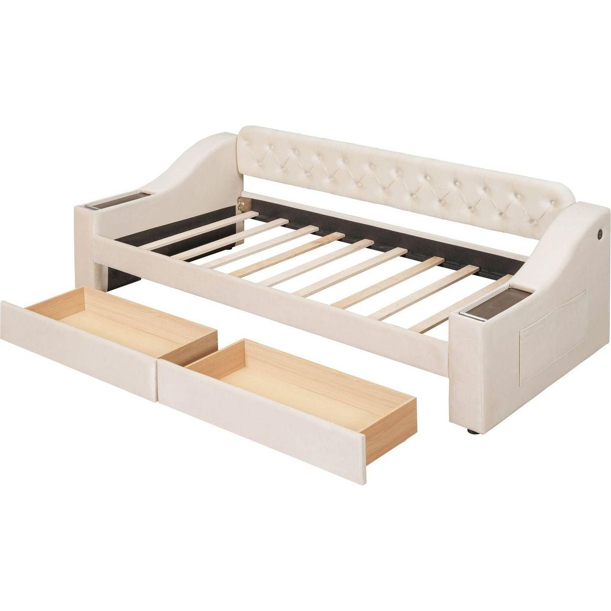 Twin Size Upholstered Daybed with Storage Armrests and USB Port, Beige