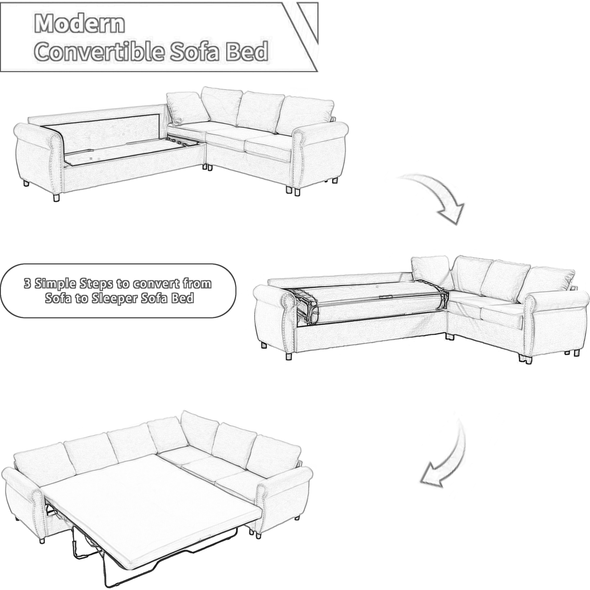 Sleeper Sofa, 2 in 1 Pull Out Couch Bed,6 seater sofa bed, L Shaped Sleeper Sectional Sofa Couch,Riveted sofa,104" Large combined sofa Bed in living room, Beige