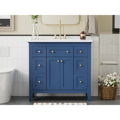 36" Bathroon Vanity with Resin Sink Combo Set, Modern Freestanding Single Bathroom Cabinet with 6 Drawers & 2 Cabinets, Storage Cabinet for Bathroom, Solid Wood Frame Vanity Set, Blue