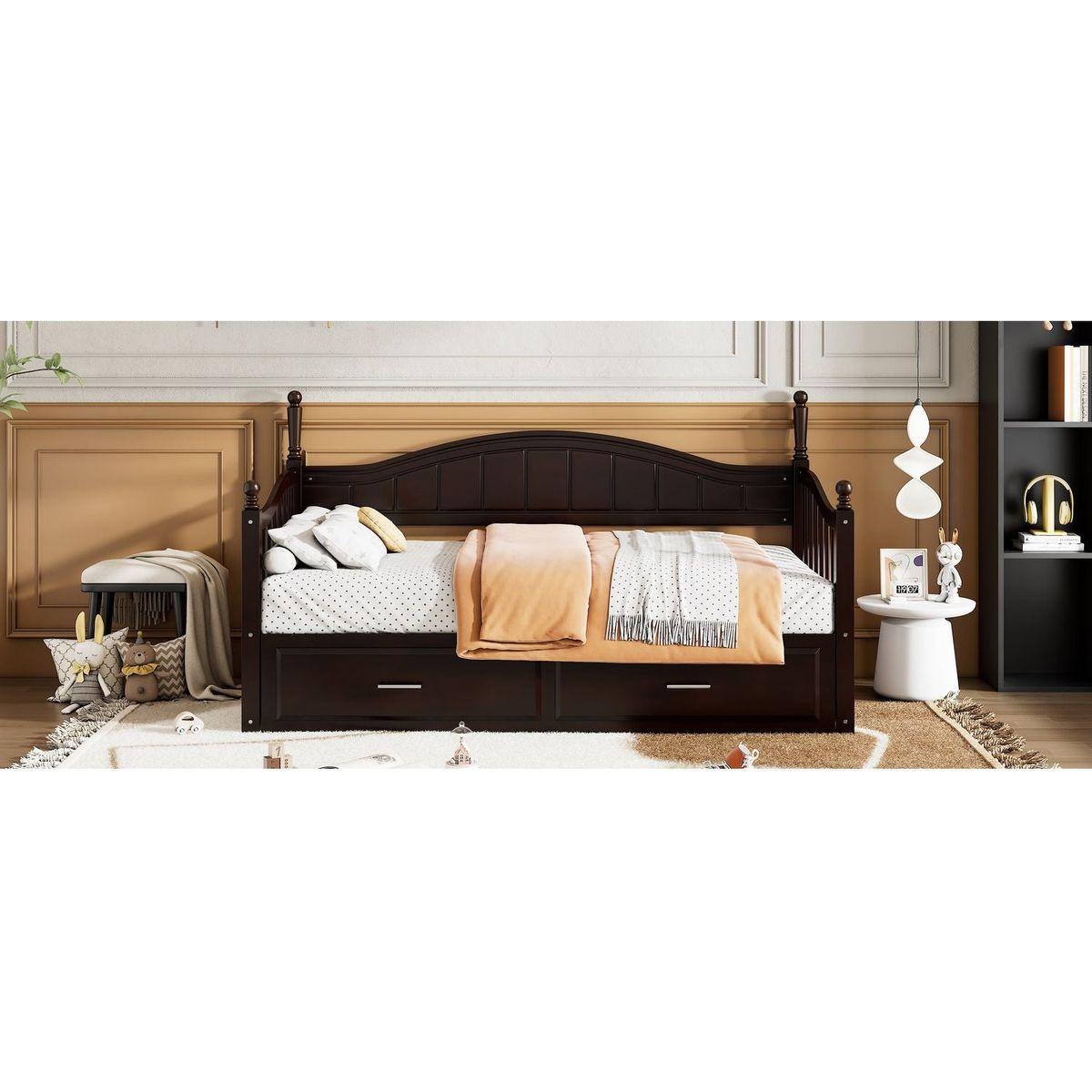Wooden Twin Size Daybed with Twin Size Trundle, Extendable Daybed with Two Storage Drawers, Espresso
