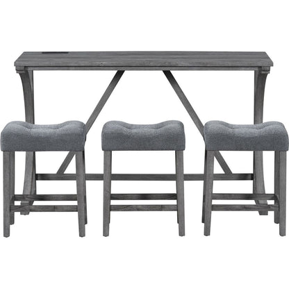 Bar Table Set with Power Outlet, Bar Table and Chairs Set, 4 Piece Dining Table Set, Industrial Breakfast Table Set, for Living Room, Dining Room, Game Room