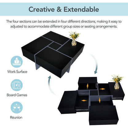Unique Design Coffee Table with 4 Hidden Storage Compartments, Square Cocktail Table with Extendable Sliding Tabletop, UV High-gloss Design Center Table for Living Room, 31.5"x 31.5"