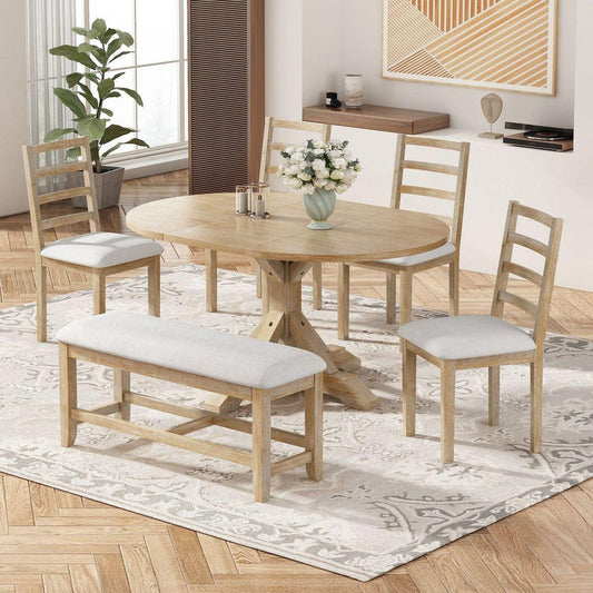 Farmhouse 6-Piece 60inch Extendable Pedestal Dining Table Set with 18inch Removable Leaf, 44inch Bench and 4 Ladder Back Dining Chairs, Natural