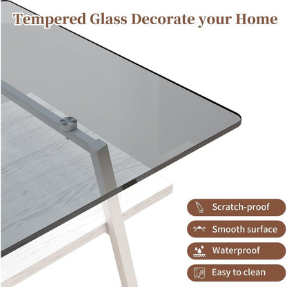 Rectangle Coffee Table, Tempered Glass Tabletop with White Metal Legs, Modern Table for Living Room, Gray Glass