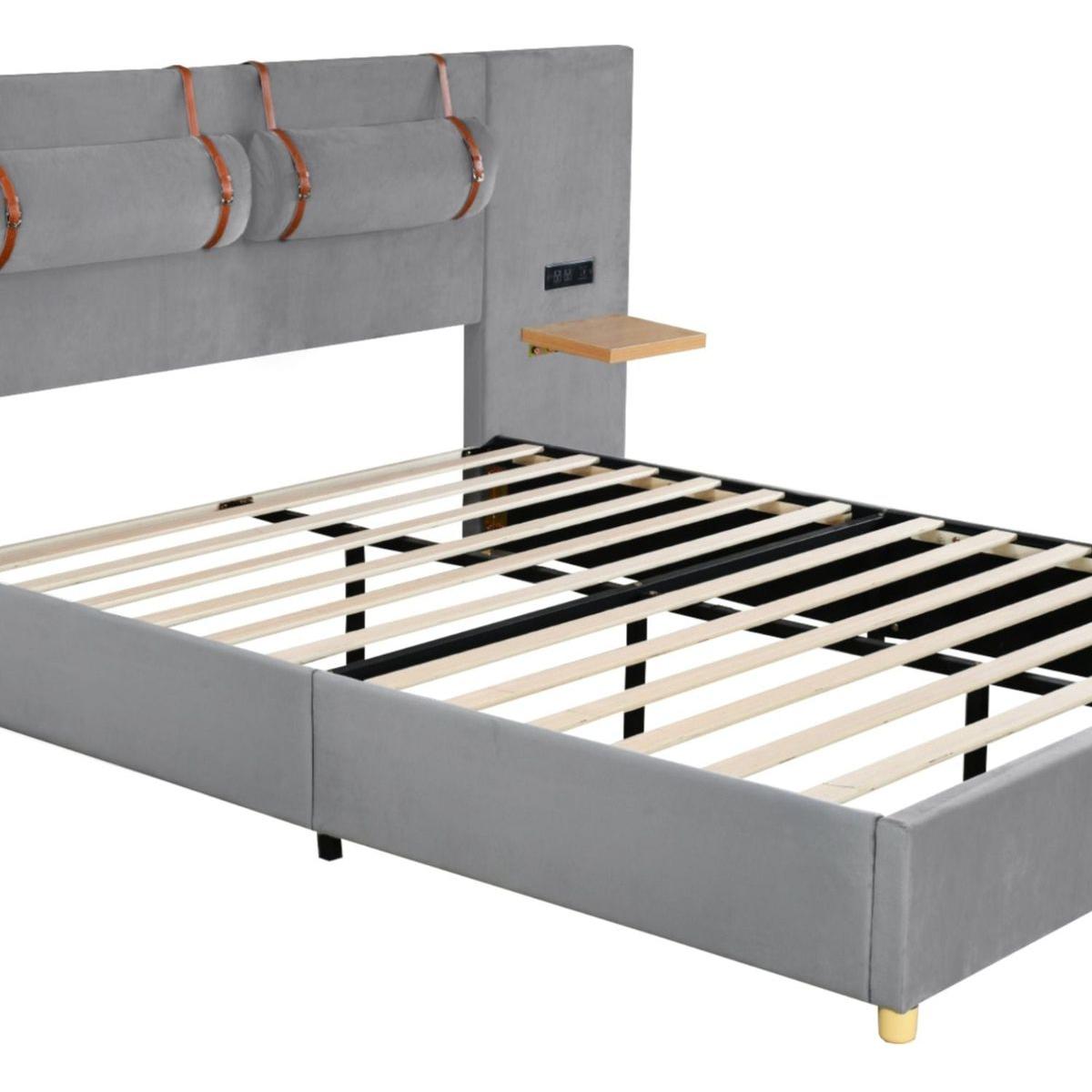 Queen Upholstered Platform Bed, Two Outlets and USB Charging Ports on Both Sides, Two Bedside Pillows, Storage Shelves, Velvet,Gray