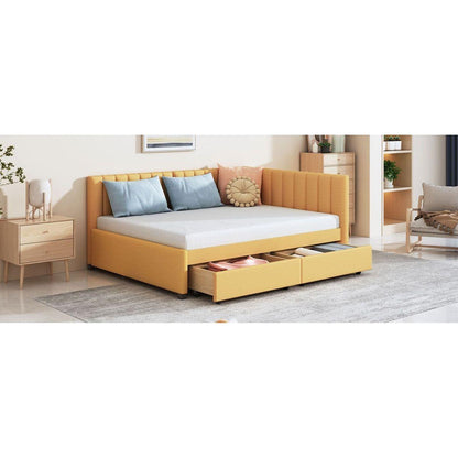 Full Size Upholstered Daybed with 2 Storage Drawers Sofa Bed Frame No Box Spring Needed, Linen Fabric (Yellow)