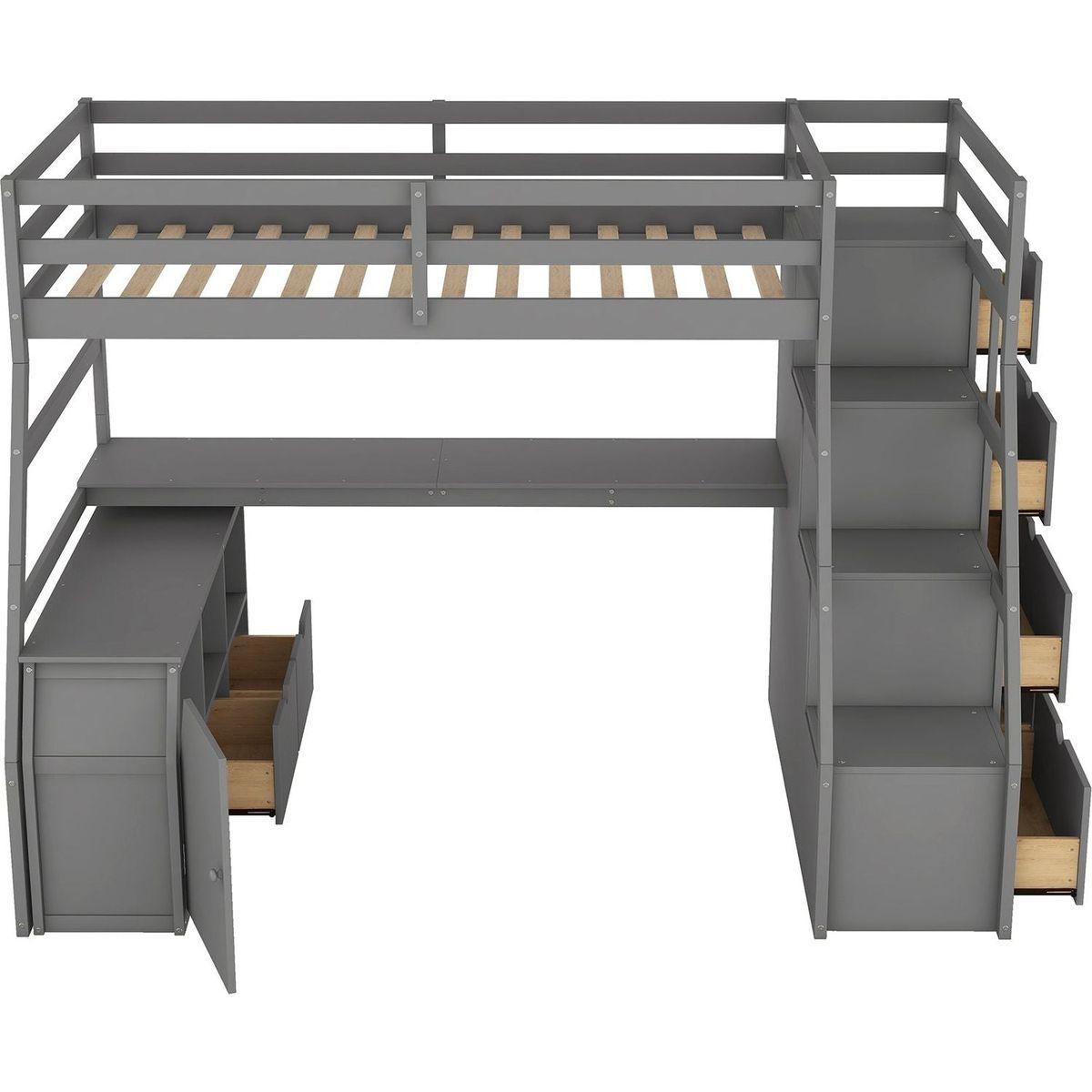 Twin Size Loft Bed with 7 Drawers 2 Shelves and Desk - Gray