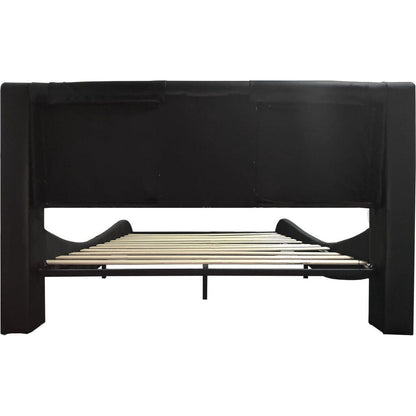 Faux Leather Upholstered Platform Bed Frame with led lighting, Bluetooth connection to play music control, Backrest vibration massage, Curve Design, Wood Slat Support, Exhibited Speakers,Queen