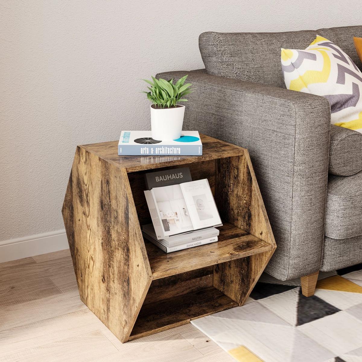 23.62" Hexagonal Coffee Table Side Table Nightstand Antique Wood