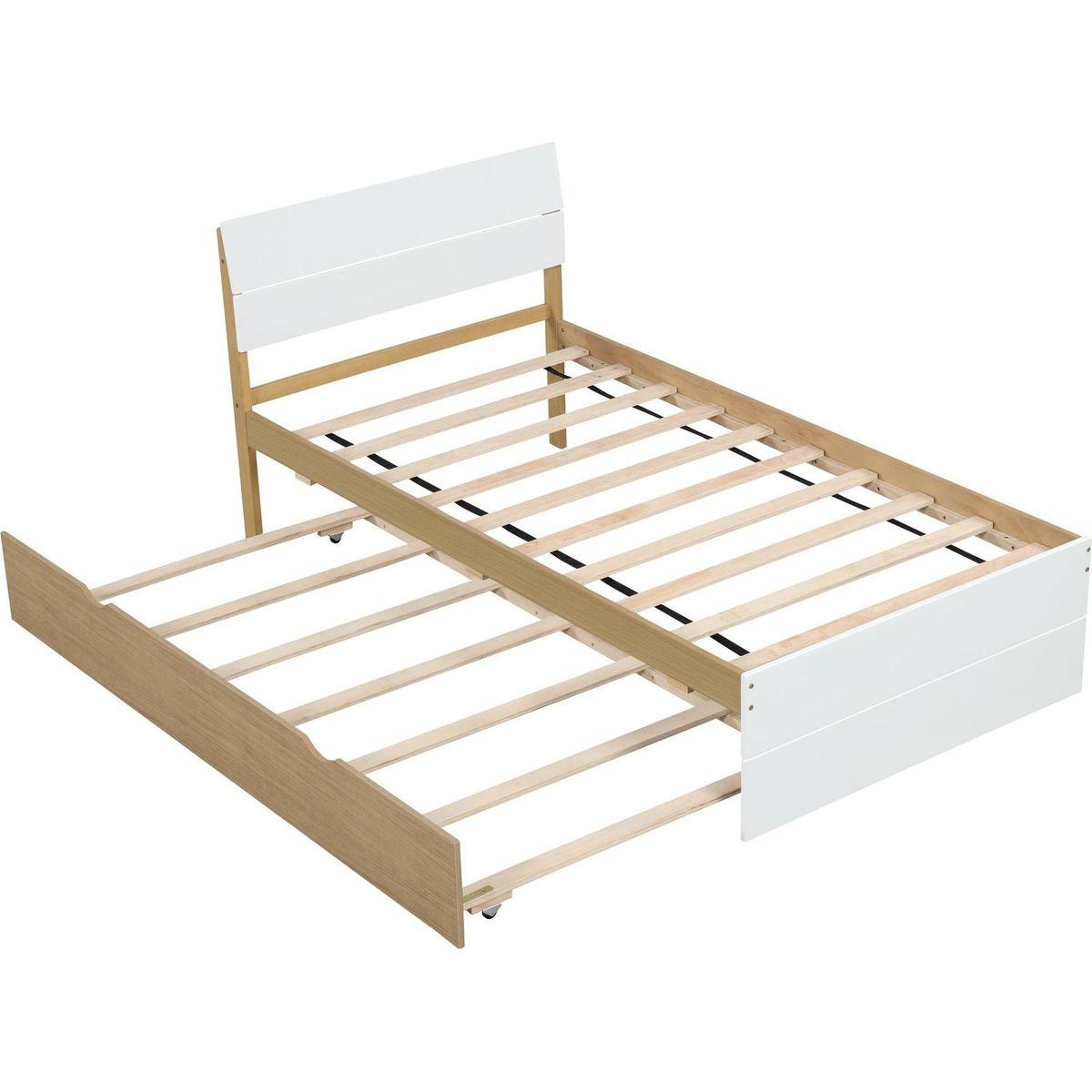 Modern Twin Bed Frame With Trundle For White High Gloss Headboard and Footboard With Light Oak Color