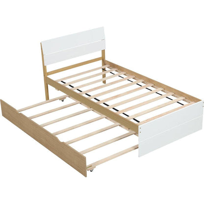 Modern Twin Bed Frame With Trundle For White High Gloss Headboard and Footboard With Light Oak Color