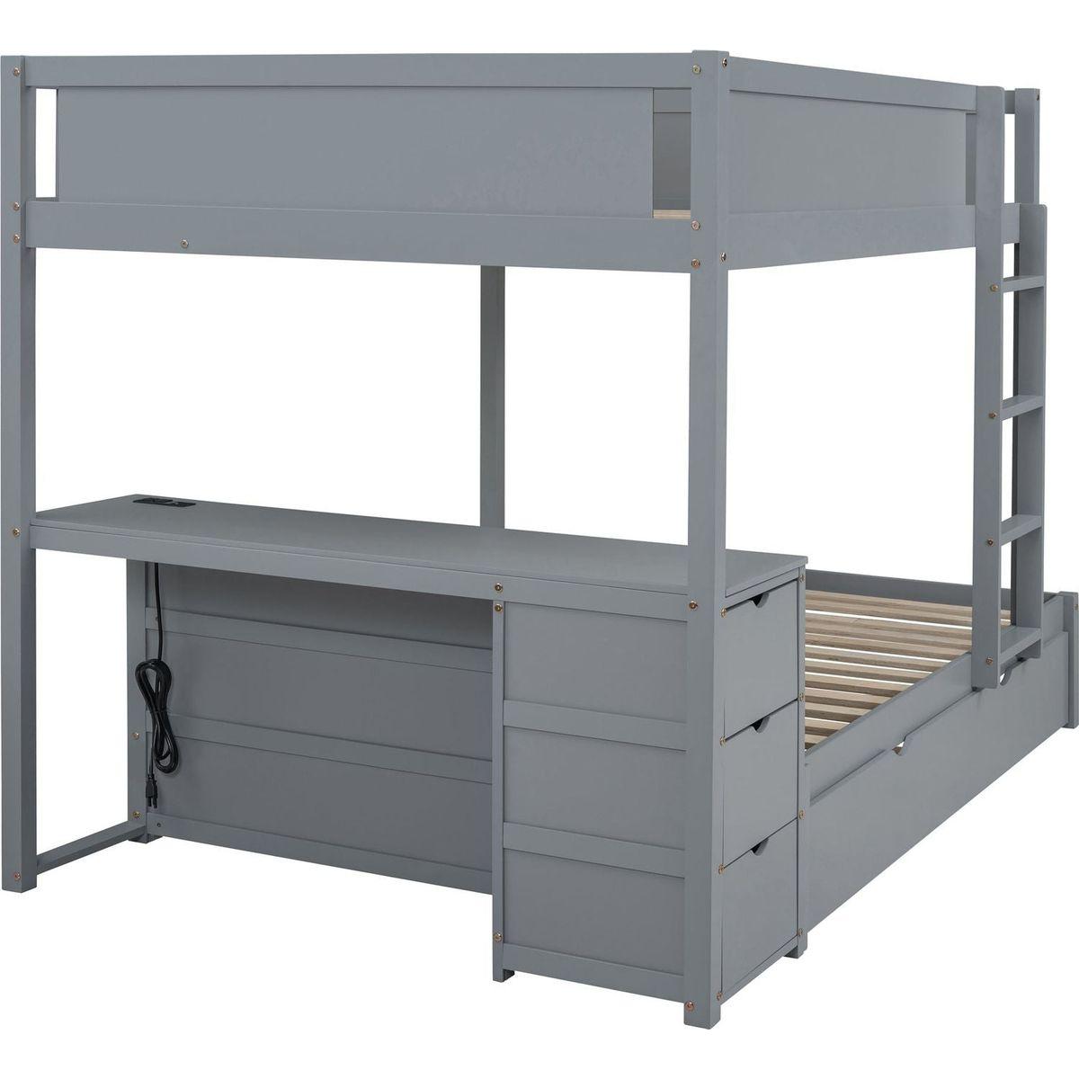 Full-Over-Full Bunk Bed with Twin size Trundle, Storage and Desk, Gray
