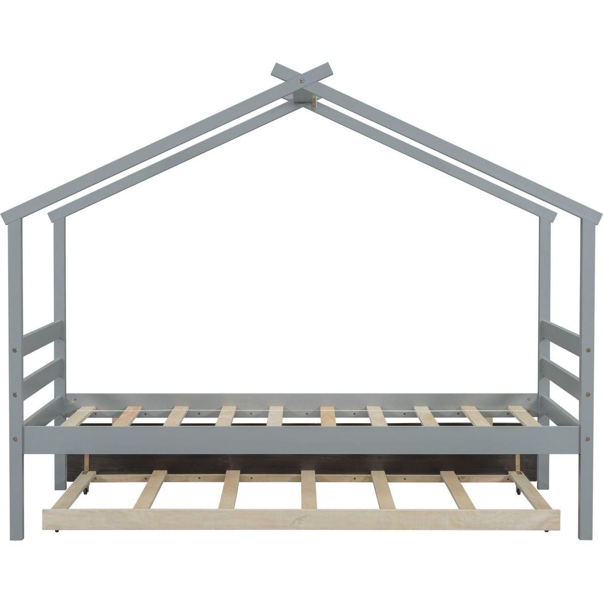 Twin Size House-shaped Bed with Trundle,Grey