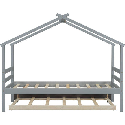 Twin Size House-shaped Bed with Trundle,Grey