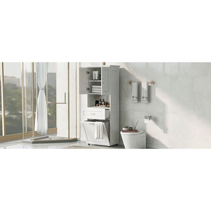 Tall Bathroom Cabinet with Laundry Basket, Large Storage Space Tilt-Out Laundry Hamper and Upper Storage Cabinet, White