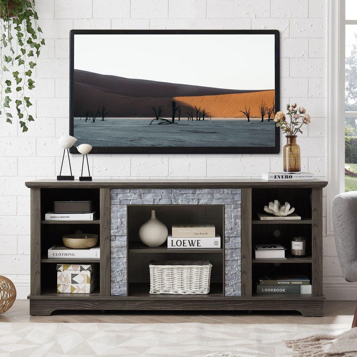 Mantel Stone TV Media Stand with with Faux Stacked Stone Surround, Modern Entertainment Console with Open Storage Space,Grey, 58.31"Wx15.39"Dx26.06"H