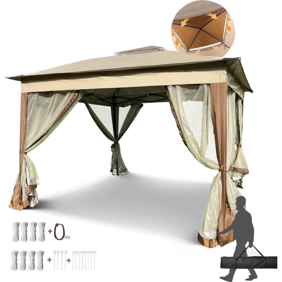 Outdoor 11x 11Ft Pop Up Gazebo Canopy With Removable Zipper Netting,2-Tier Soft Top Event Tent,Suitable For Patio Backyard Garden Camping Area,Coffee