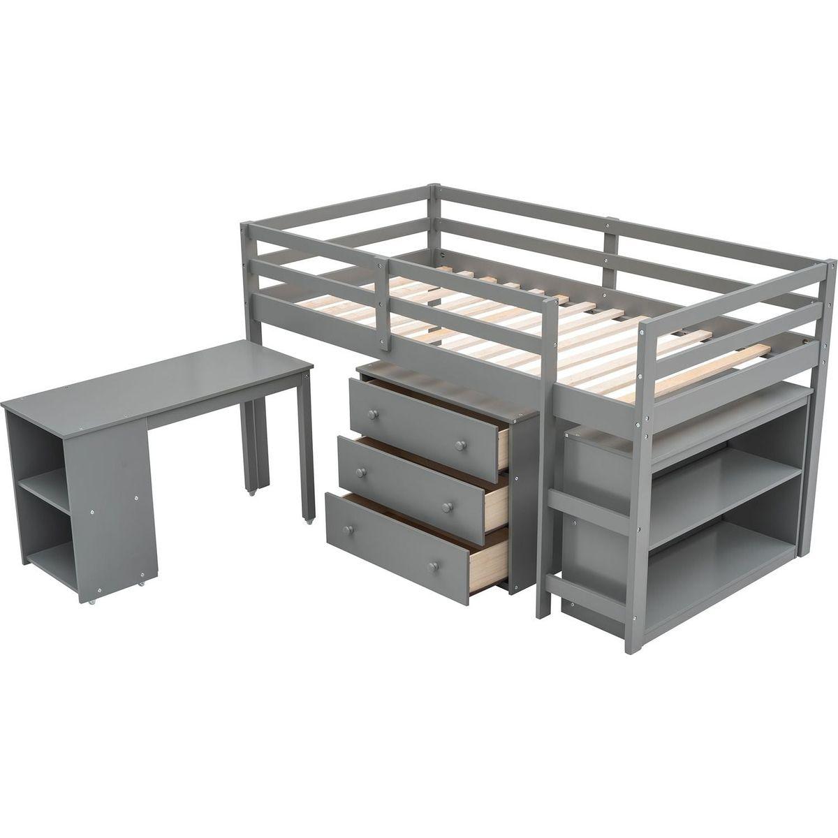 Low Study Twin Loft Bed with Cabinet and Rolling Portable Desk - Gray