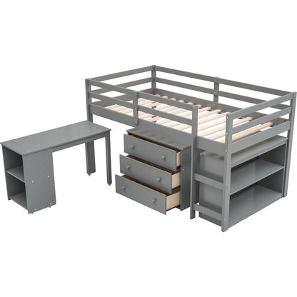 Low Study Twin Loft Bed with Cabinet and Rolling Portable Desk - Gray